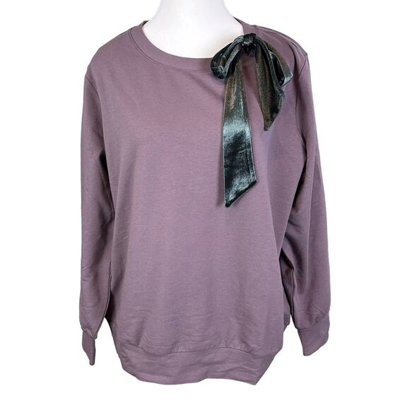 AnyBody French Terry Pullover Neck Bow Faded Plum Sz Medium Oversized NEW - Picture 1 of 6